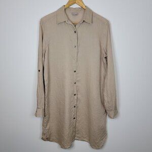 J Jill Tan Linen Button Up Dress Sz XS Long Sleeve Lagenlook Coastal Grandma